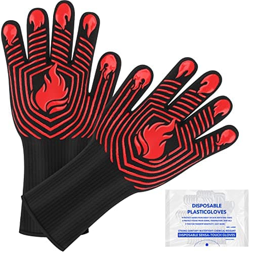 BBQ Gloves, 1472°F Heat Resistant Gloves Fireproof Mitts,Grilling Gloves Silicone Non-Slip Washable Oven Gloves, Kitchen Gloves for Barbecue, Grilling, Cooking, Baking, Camping, Smoker (Red)