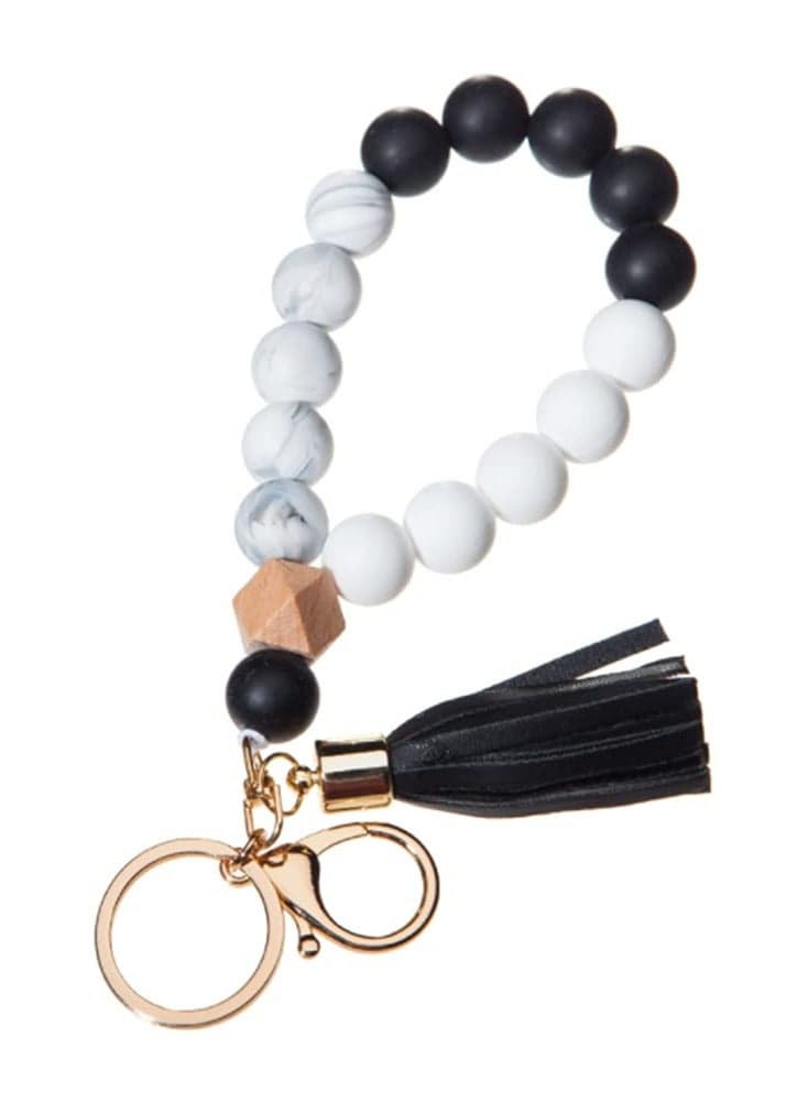 Stylish Silicone Key Ring Bracelet Wristlet Keychain, Unique Beaded Bangle for Women with Chic Leather Tassel