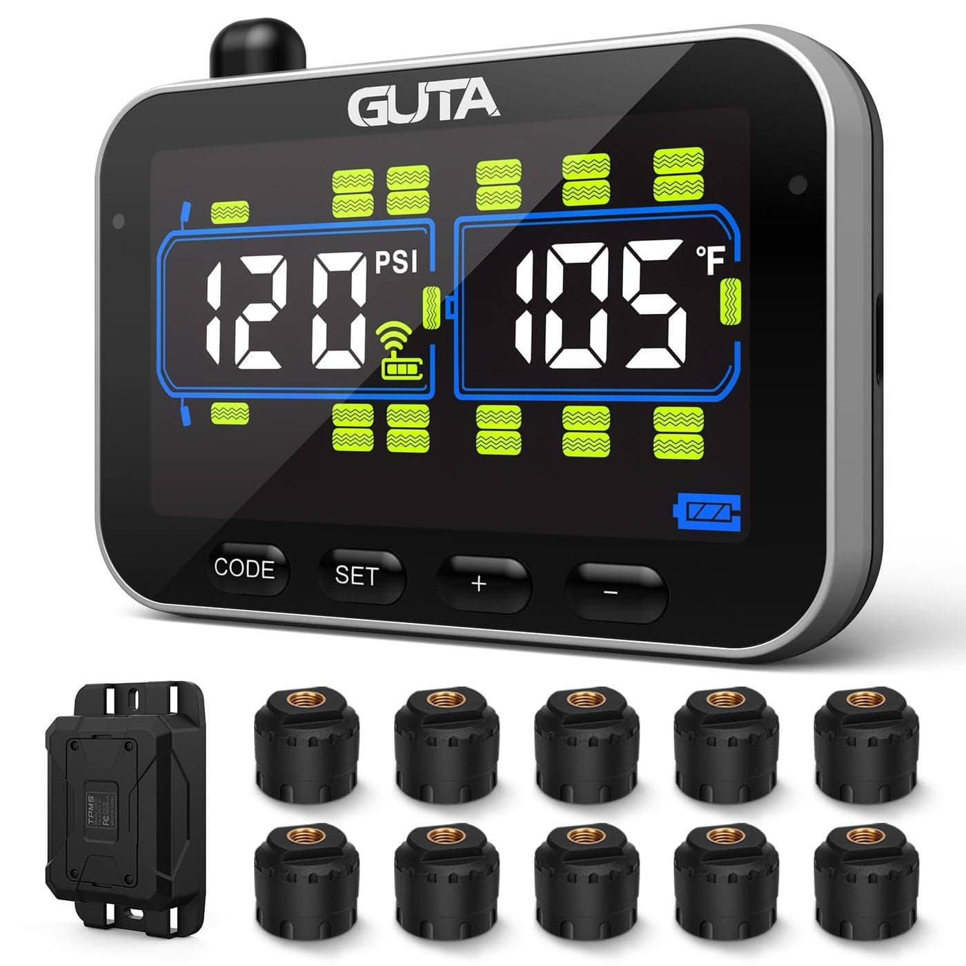 GUTA Trailer Tire Pressure Monitoring System RV Tire Pressure Monitor with 10 Sensors 6 Alert Modes Signal Booster Large Color Display Long Sensing Distance 0188PSI TPMS for RV Trailer Semi