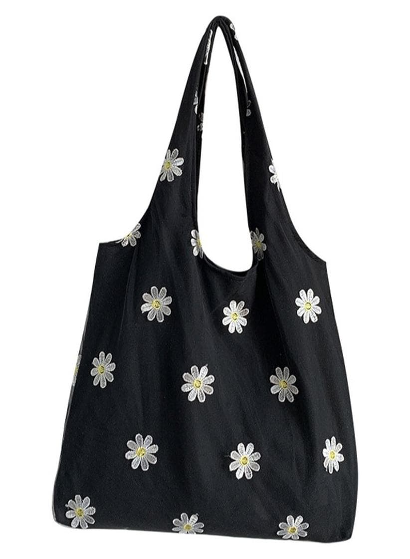 Women's Shoulder Tote Bag Canvas Handbag For Women Large Capacity Bucket Bag Fashionable Travel Messenger Shoulder Bag for Ladies Girls College Students Black flower