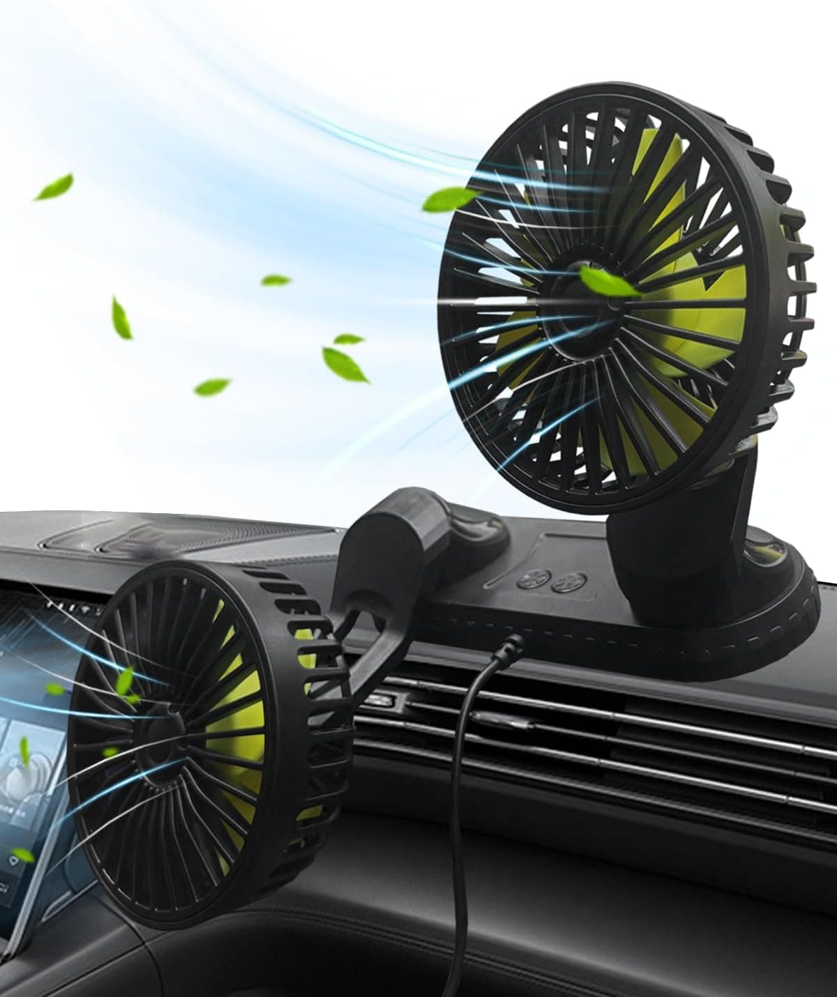@UTOS Dual Head Car Fan - Portable USB Powered, 3-Speed, 360° Rotation