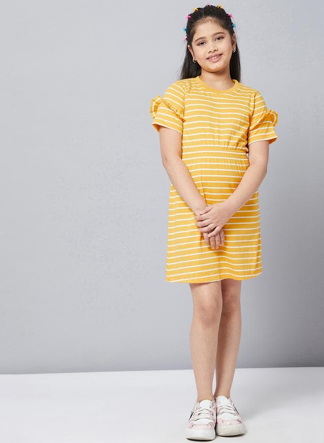 Stylo Bug Striped Round Neck A-Line Dress With Ruffled Detail