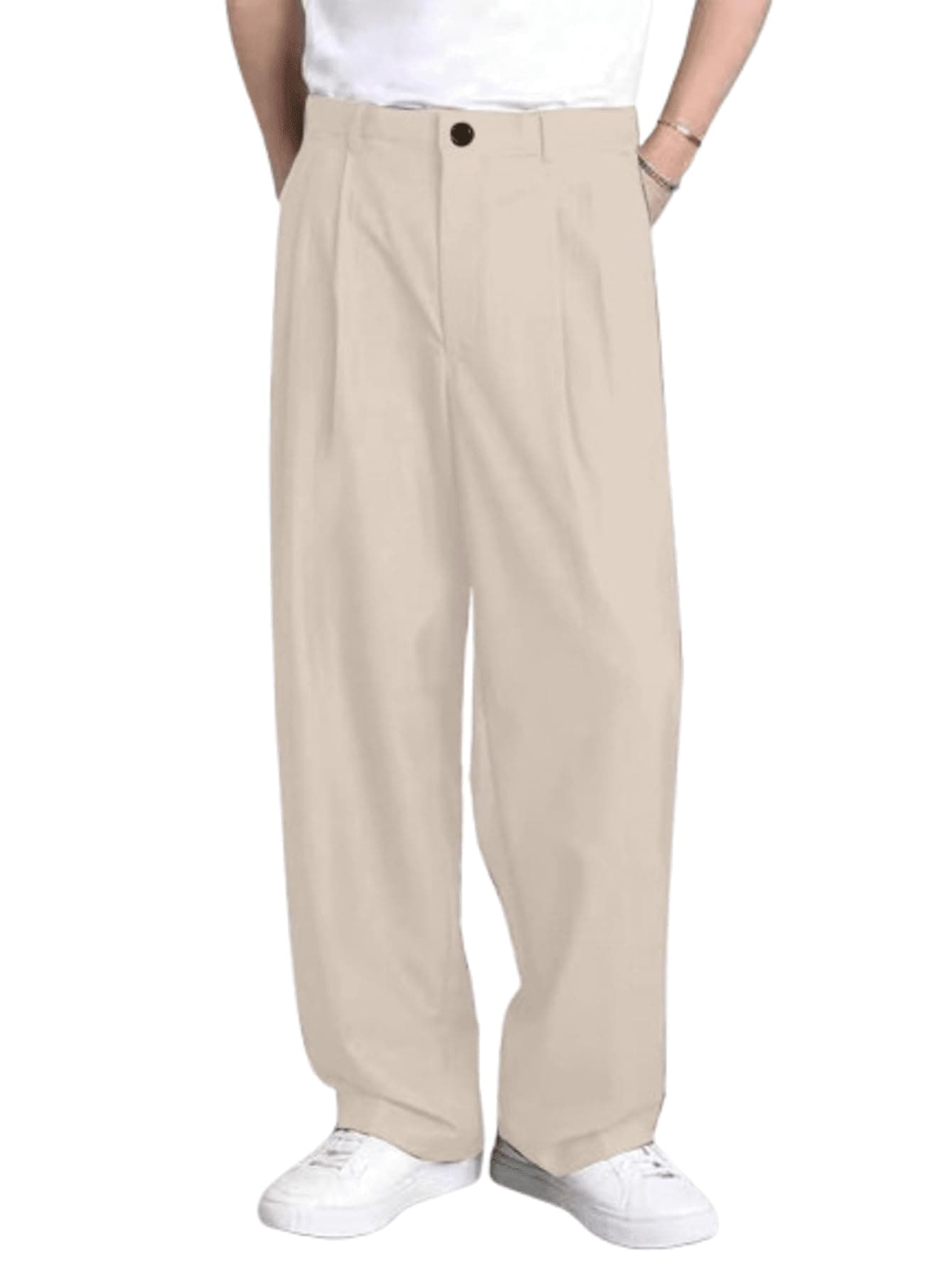 Aahwan Off White Solid Pleated Baggy Korean High Rise Slim Trouserss for Men's (286-OW-36)