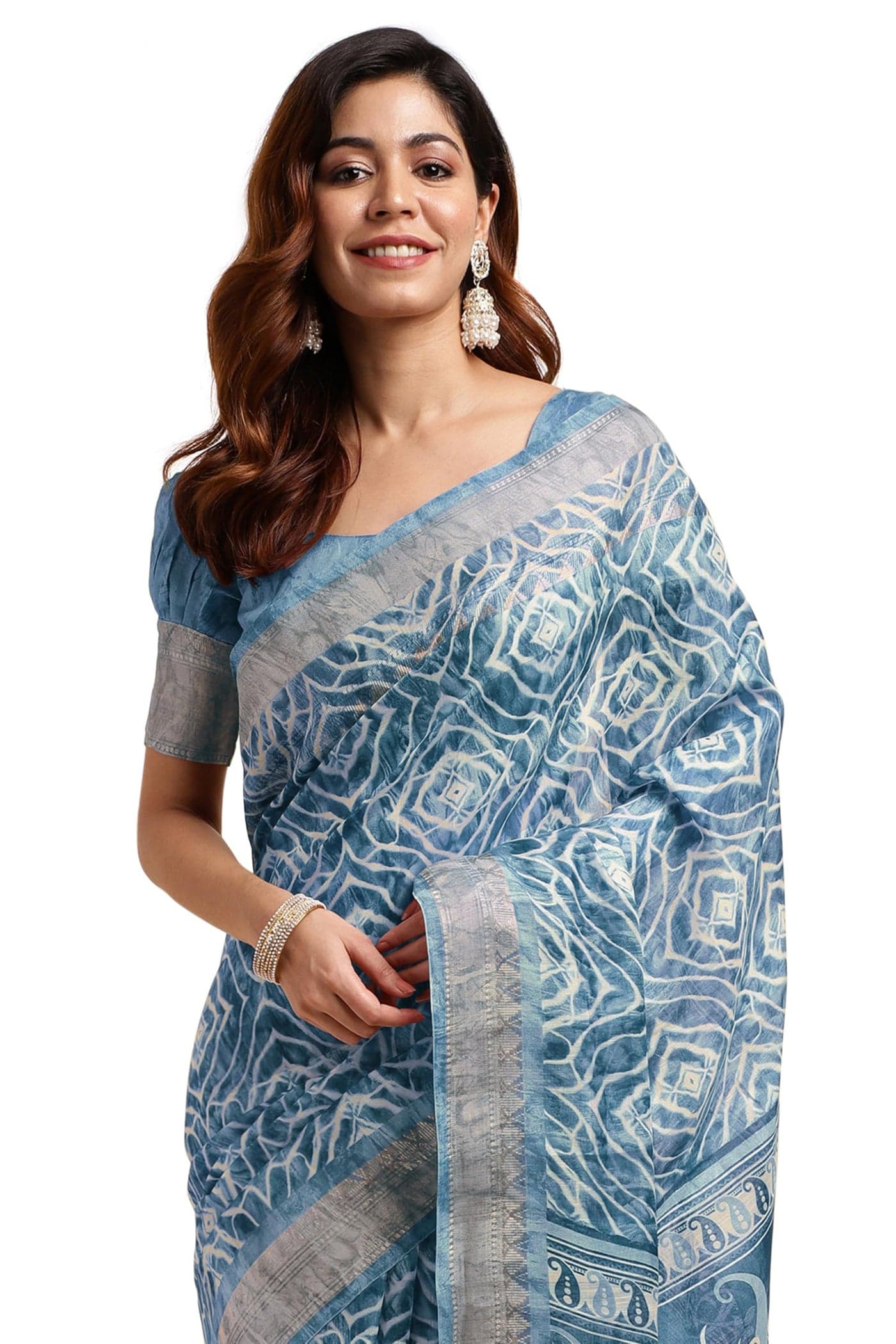 MIRCHI FASHION Women's Cotton Shibori Printed Saree with Blouse Piece (50312 - Dusty Blue, White)