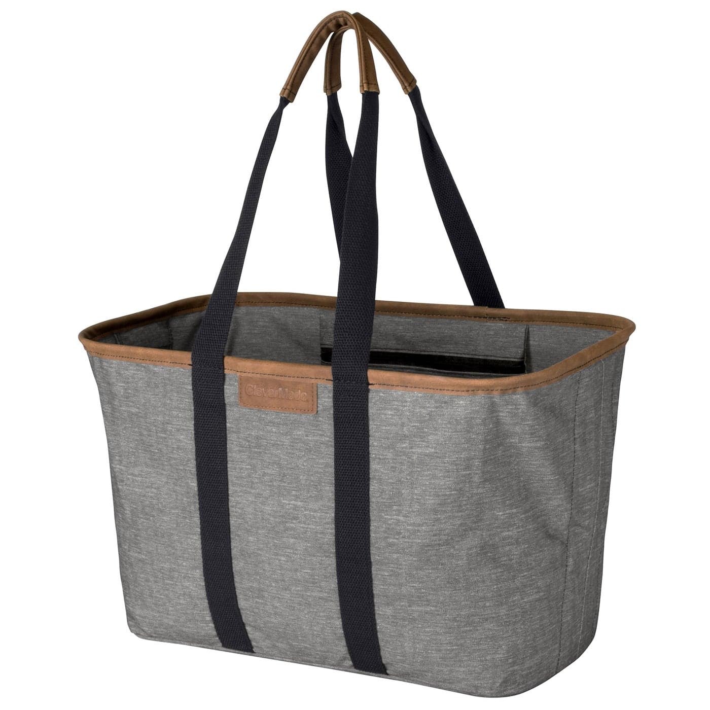 CleverMade Collapsible LUXE Tote, Heather Gray/Black - 30L (8 Gal) Structured Tote Bag with Handles and Reinforced Bottom - Reusable Grocery Bag, Shopping Bag, Utility Tote Bag