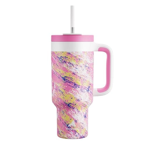 POWCAN 40 oz Tumbler with Handle, 2-in-1 Straw and Sip Lid, Leakproof, Dishwasher Safe, Insulated Stainless Steel Travel Coffee Mug, Keeps Cold for 34 Hours, Fits in Car Cup Holder (Pink Ladies)