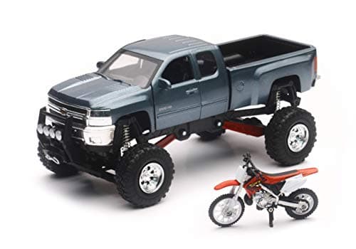 NewRay Chevrolet 4x4 Gray Silverado Pickup Truck wWorking Suspension and Honda Dirt Bike