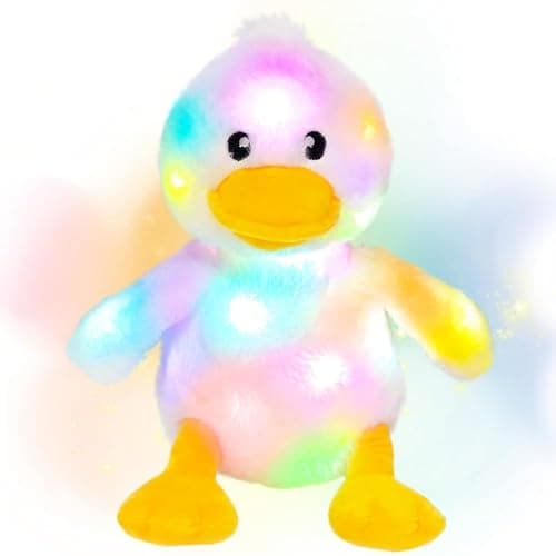 Hopearl Easter LED Plush Duck Light up Stuffed Duckling Farm Animal Floppy Night Lights Glow in The Dark Birthday Gifts for Kids Toddler Girls White 12