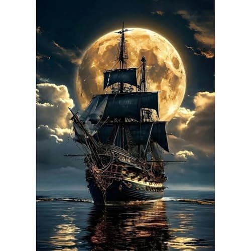 Pirate Ship Diamond Art Kits for Adults,5D Moonlight Full Round Drill Diamond Painting Kits for Adults Beginners,DIY Diamond Painting Gem Art Kits for Gift Home Wall Decor 12x16inch
