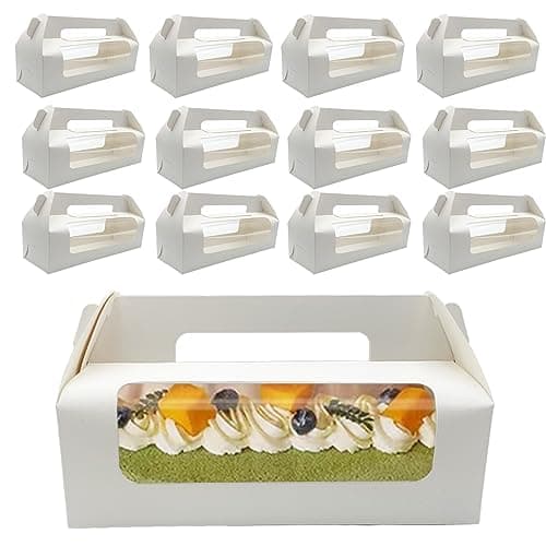 Roppolo 25 Pcs 10.5 Inch Window Roll Cake Gable Boxes Bulk with Handle & Cake Boards, Homemade & Bakery White Paper Favor Containers, Easy Carrying, Gift Boxes for Christmas Wedding