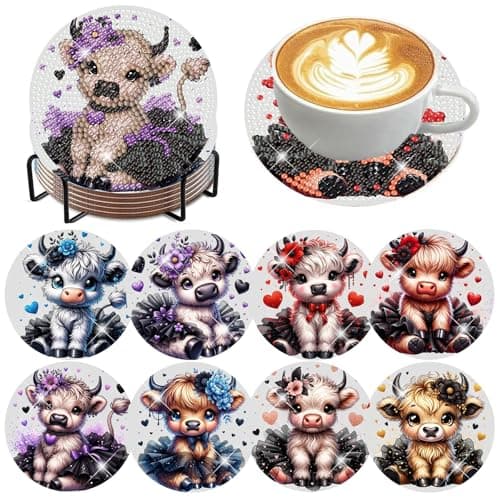 Zythron 8 PCS Diamond Art Coasters Cow Diamond Painting Coasters Kits with Holder DIY for Beginners Adults Highland Cow Diamond Art Kits for Adults Crafts Supplies 4x4 in