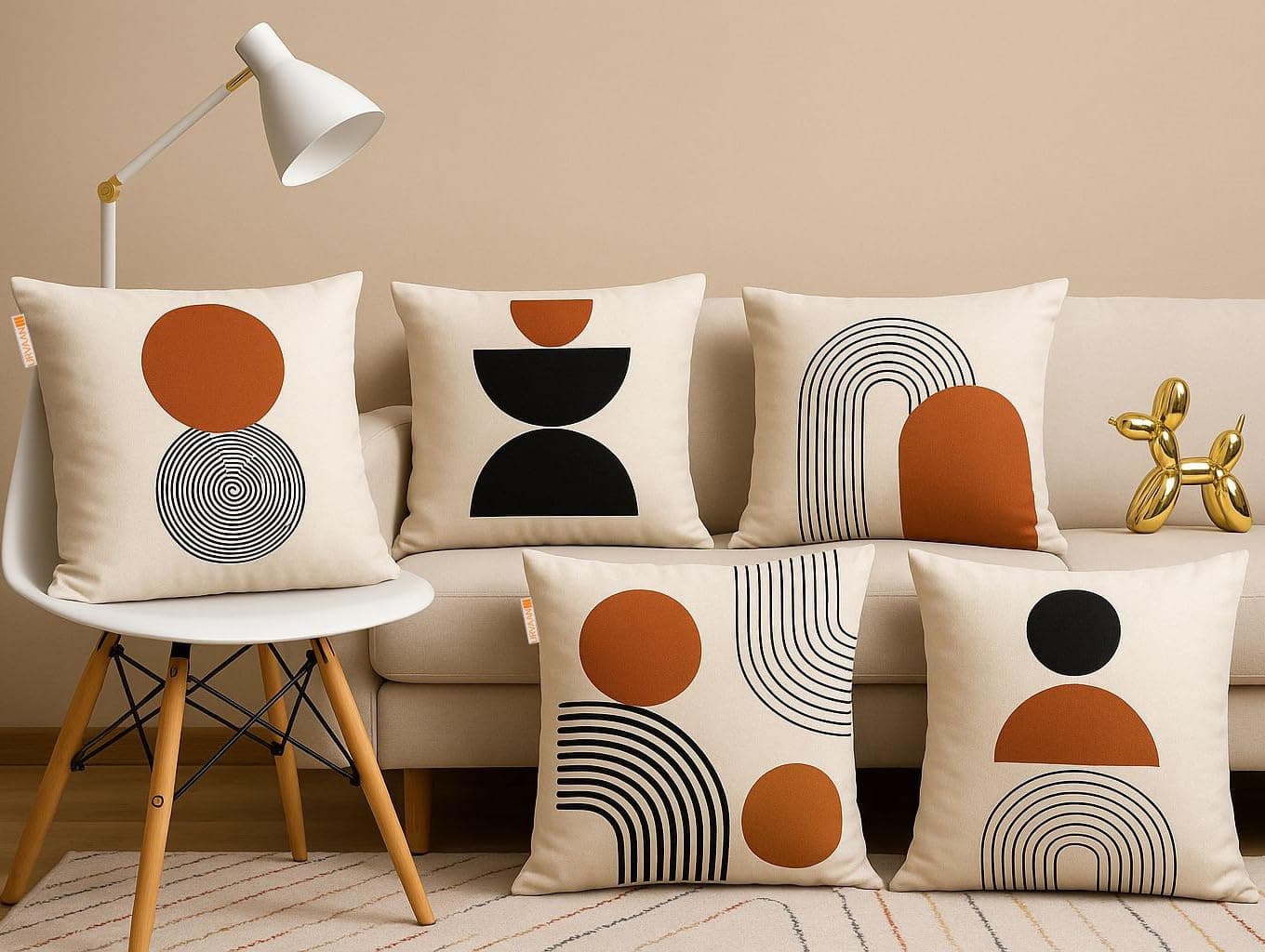 Urvaan Set of 5 Jute Boho Geometric Cushion Covers, 16 x 16 Inch, Beige Multicolour