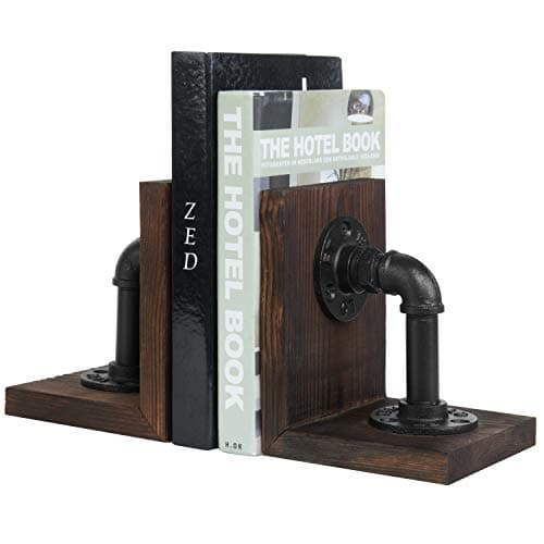 MyGift Book Ends,Bookends for Shelves,Metal Bookends for Heavy Books,Wood Decorative Book Stopper,with Realistic Industrial Pipe Design,Dark Brown Book End for Home Office