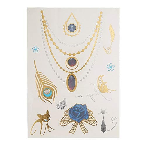 S.A.V.I 3D Temporary Tattoo Golden and Silver Metallic Sticker Virtual Beach Necklace With Leaves Design Size 21x15cm - 1pc. (11), Gold, 2 g