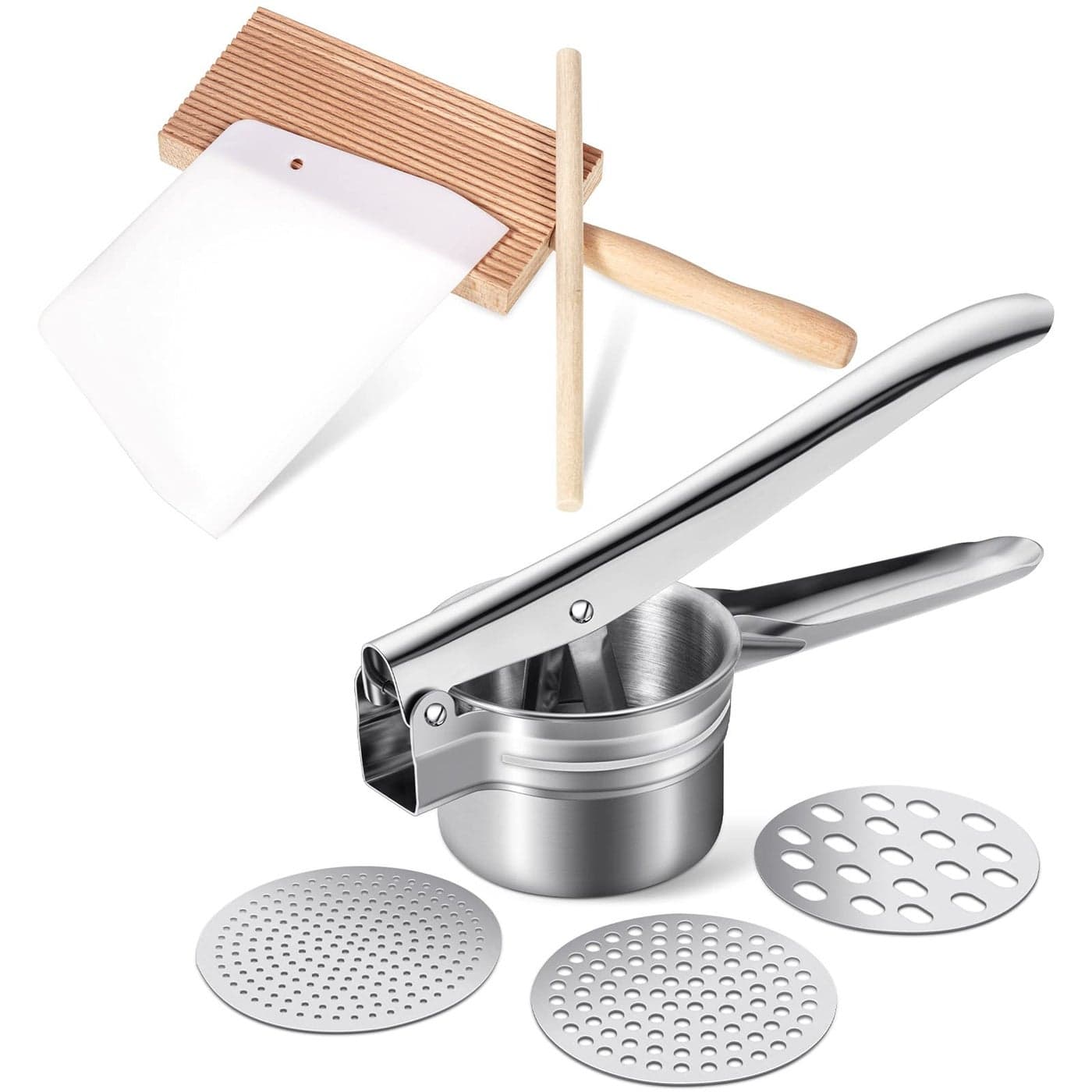 4 Pieces Gnocchi Board Set Includes Plastic Trapezoidal Baking Scraper Gnocchi Pasta Board Stripper Paddle Dowel Wood Rolling Pin Stainless Steel Potato Ricer Masher with 3 Interchangeable Discs