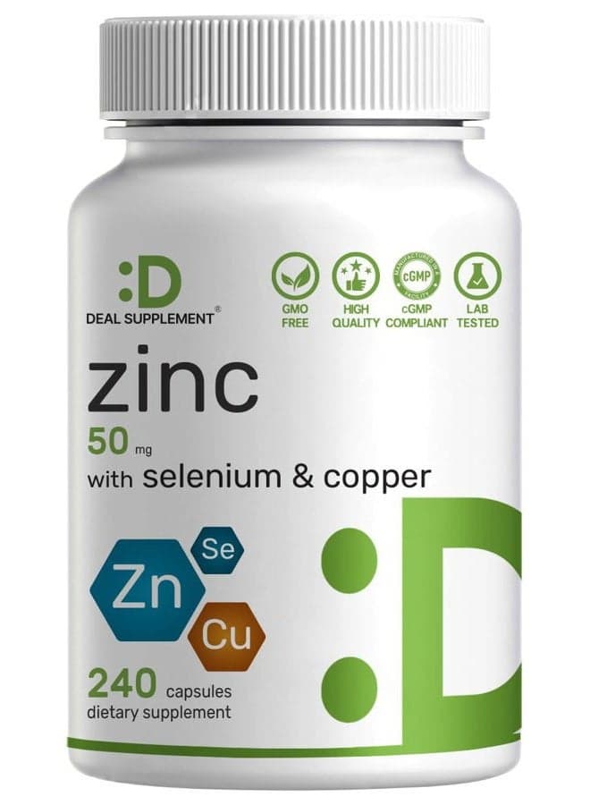 Zinc 50mg with Selenium 200mcg + Copper, 240 Capsules, 8 Month Supply, 3 in 1 Mineral Formula, Zinc Picolinate Complex Supplement, Supports Healthy Immune System for Adults and Kid