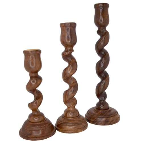 DECORITY DREAMS Decorative Wooden Spiral Pillar Candle Stand Set of 3 | Handcrafted Wooden Candle Holders for Living Room| Table Centerpiece | Mango Wood