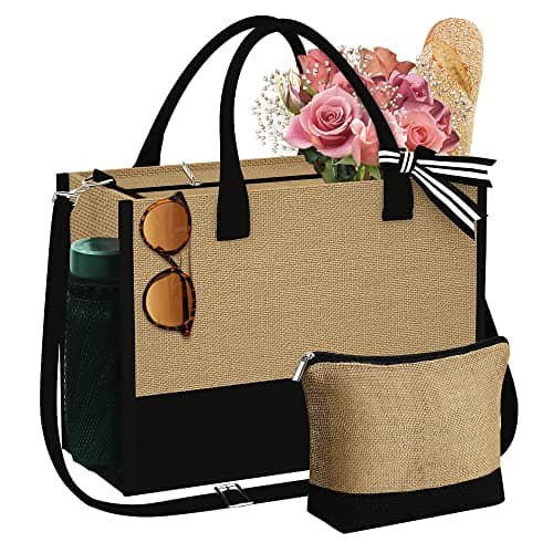 YOOLIFE Mothers Day Gift Basket - Birthday Gifts for Women, Teacher Appreciation Gifts, Birthday for Women Her Mom Friend Sister Bridal Shower Gift, Personalized Jute Beach Tote Bag Makeup Bag