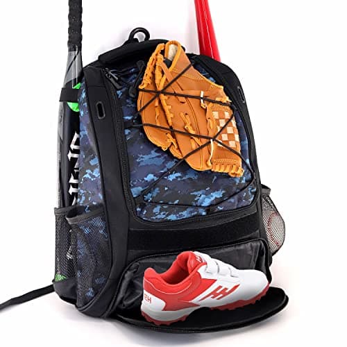 WOLT Youth Baseball Bag Bat Backpack for TBall Softball Equipment Gear Bat Glove Holder Large Main Compartment for Helmet Accessories Separate Shoes Compartment Fence Hook CamoBlue
