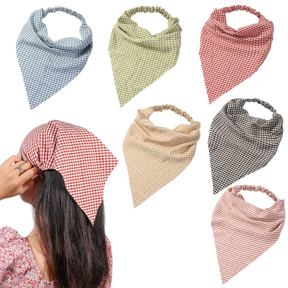 6 Pack Hair Scarf Headband for Women Elastic Hair Kerchief Large Boho Triangle Bandana Head Scarf with Clips Non Slip Lattice Headbands Hair Scarves for Teen Girls