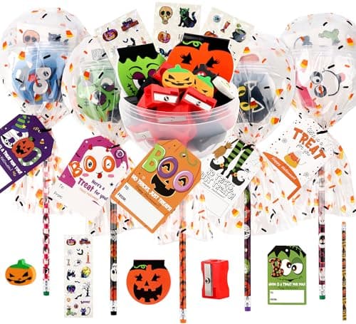POPGIFTU 28 Pack NonCandy Halloween Party Favors BulkGiant Lollipop Stationery Goodie Bags Kit for Kids School Classroom Gift Trick or Treat Includes Pencils Stickers Erasers Notepads Sharpeners