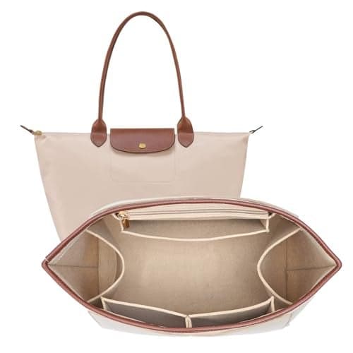 DOIAPUOS Felt Purse Organizer Insert for Longchamp Le Pliage M Bag Handbag Leather edge Longchamp Organizer Insert (Beige, Medium)
