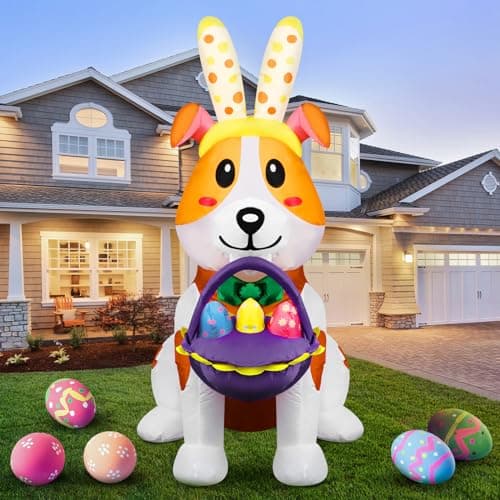 Hollowfly 5FT Easter Inflatables Outdoor Decorations Dog Blow up Yard Decorations Built in LED Lights Inflatable Easter Bunny Ears with Basket Egg for Holiday Party Yard Garden Lawn Hunt
