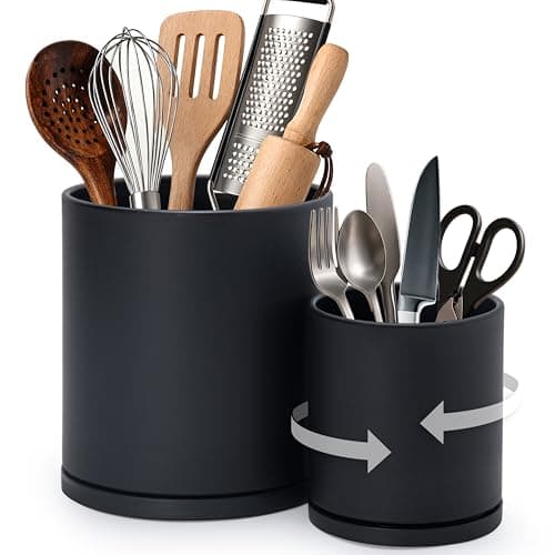D'vine Dev 360° Rotating Utensil Holder Set – 7.2"+5" Kitchen Utensil Crocks for Countertop, Modern Cooking Tool Organizers for Kitchen Storage +Décor, Black, Set of 2, 72-Z-B-1