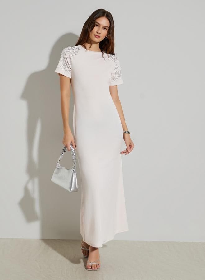 Light Pink Embellished Sleeves Maxi Dress