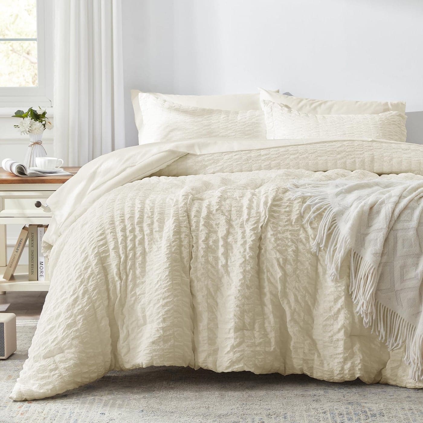 Zzlpp Queen Comforter Set 7 Pieces Pale Yellow Seersucker Bed in a Bag with Comforter 2 Pillow Shams 2 Pillowcases 1 Flat Sheet 1 Fitted Sheet