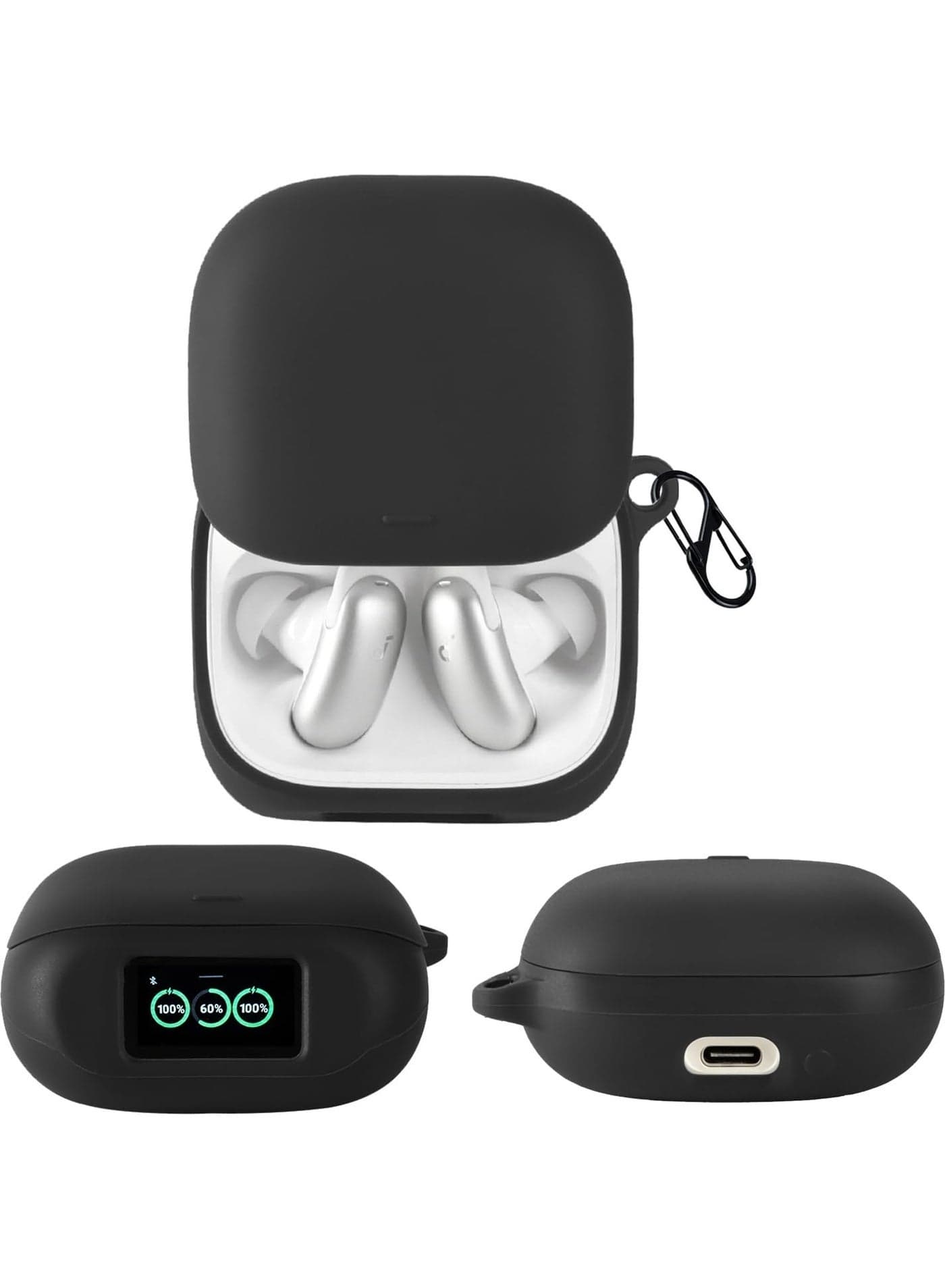 Silicone Case for Soundcore Liberty 5 Pro with Carabiner Ultra Slim Anti-Scratch Shockproof Lightweight Washable Anti-Lost Protective Skin Earphone Cover (Black)