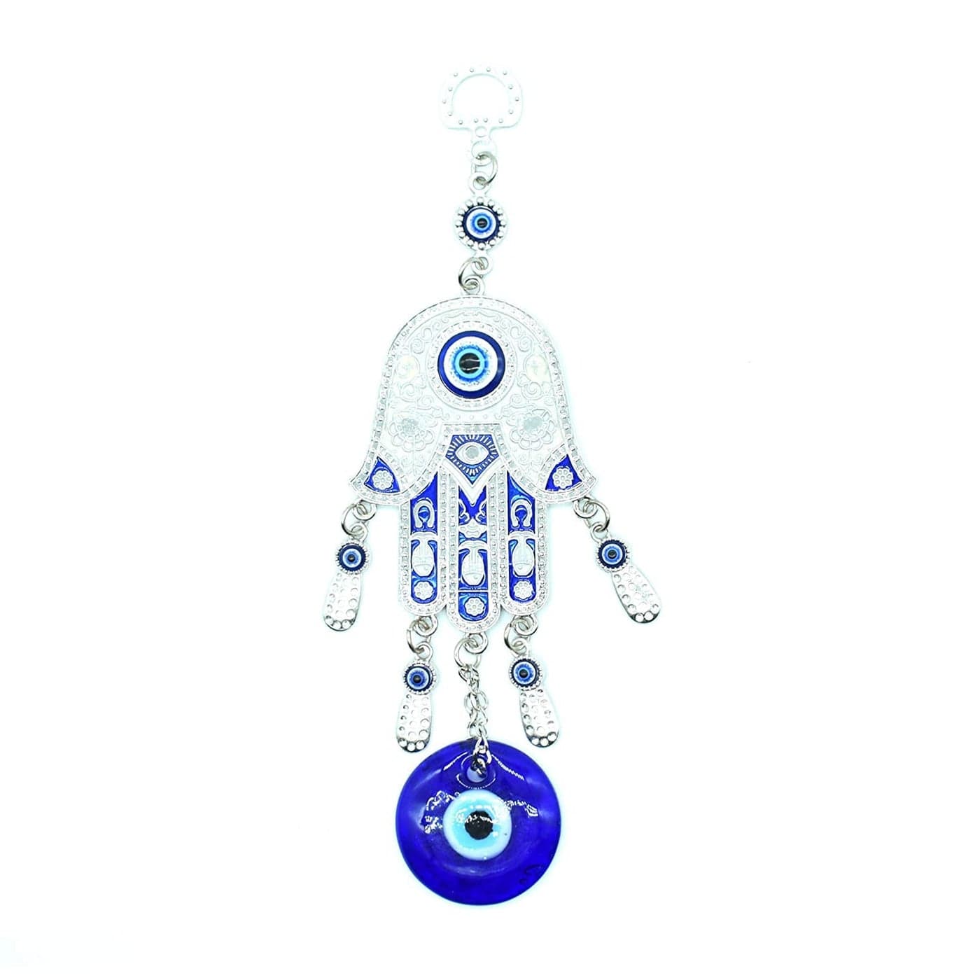 Revashree Craft World Evil Eye Protection Charm Hamsa Fatima Holy Hand with Bell Metal Wall Hanging Home Decor for Good Luck and Blessings Handmade Turkish Ornament