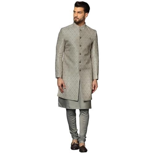 KISAH Men's Grey Indo-Western Kurta Sherwani Churidar Set Cotton Full Sleaves, Knee Length, Straight, Regular Fit, Mandarin Collar Ethnic Casual (36)