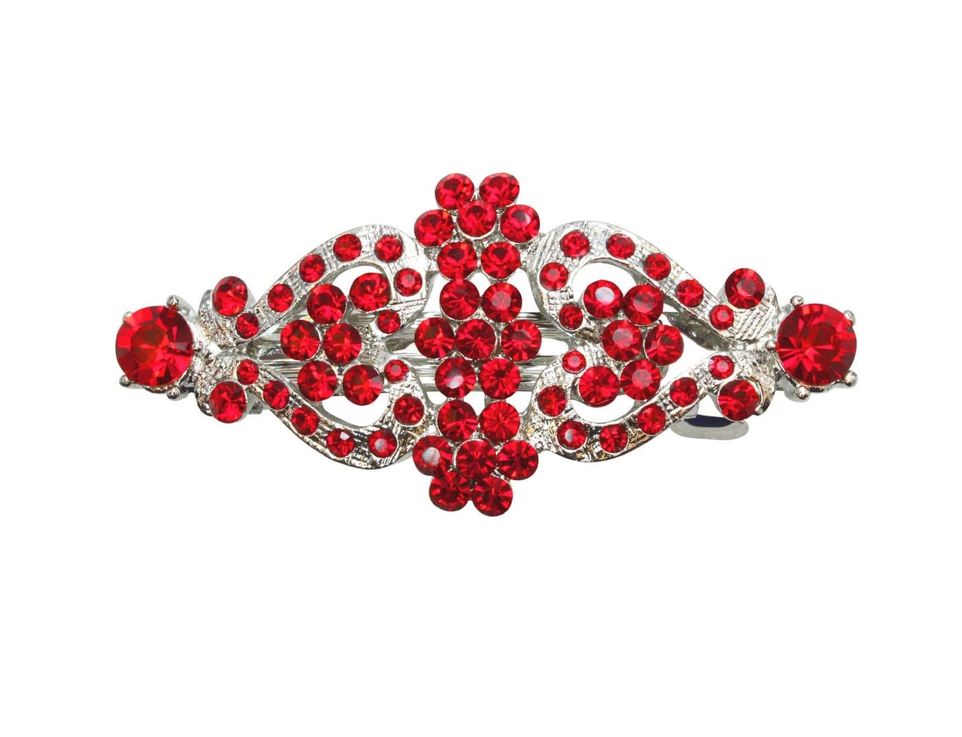 Faship Red Rhinestone Crystal Floral Double Hearts Hair Barrette Clip