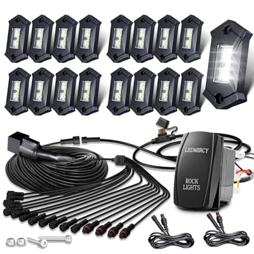 LEDMIRCY White Rock Lights R3 Pure White LED Rock Lights Kit 16PCS with Rocker Switch Wire Harness High Power Under Body Light for Offroad Trucks ATV UTV SUV Waterproof Shockproof Trail Rig Light