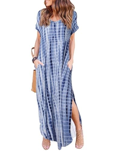 HUSKARY Maxi Dress for Women 2025 Short Sleeve Tie Dye Print Maxi Boho Flowy Sundress Casual Summer Dresses with Pockets Blue Small