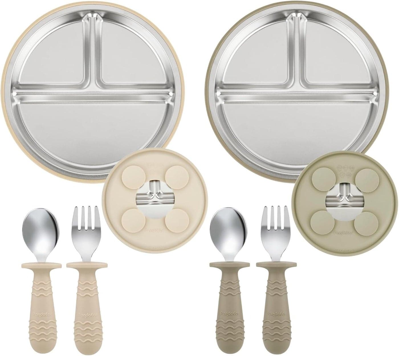 PandaEar 2 Pack Stainless Steel Baby Suction Plates 2 Pack Spoons and Forks Set Toddler Utensils Baby Feeding Set Divided Plates for Baby Led Weaning Supplies BPAFree TanWalnut