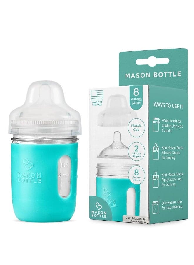 Mason Bottle Glass Baby Bottle DIY Kit – Fits 8oz Mason Jars – Includes 2X Slow Flow Nipples, Silicone Sleeve, and Cap (Ring, Lid, and Jar Not Included) – Made in USA