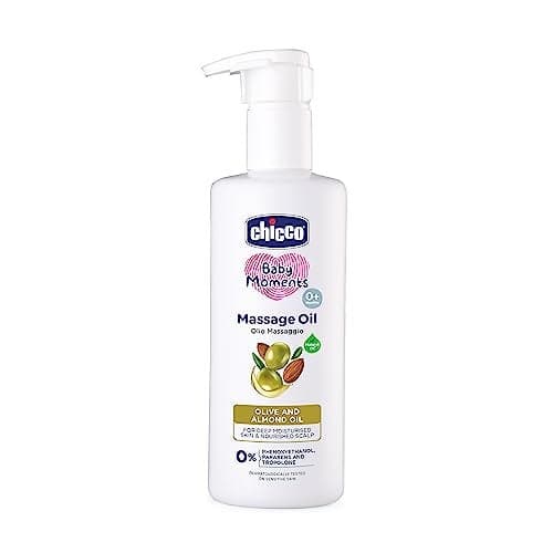 Chicco Baby Moments Massage Oil, New Advanced Non-sticky & Moisturizing Formula with Natural Ingredients to Prevent Dryness, Suitable for Baby’s Skin, Hair & Scalp, No Phenoxyethanol & Parabens, Almond (300ml)
