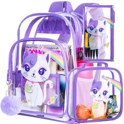 3PCS Girls Clear Backpack for Kids, See Through School Bag Stadium Approved, Transparent Bookbag for Elementary Preschool- Purple Cat