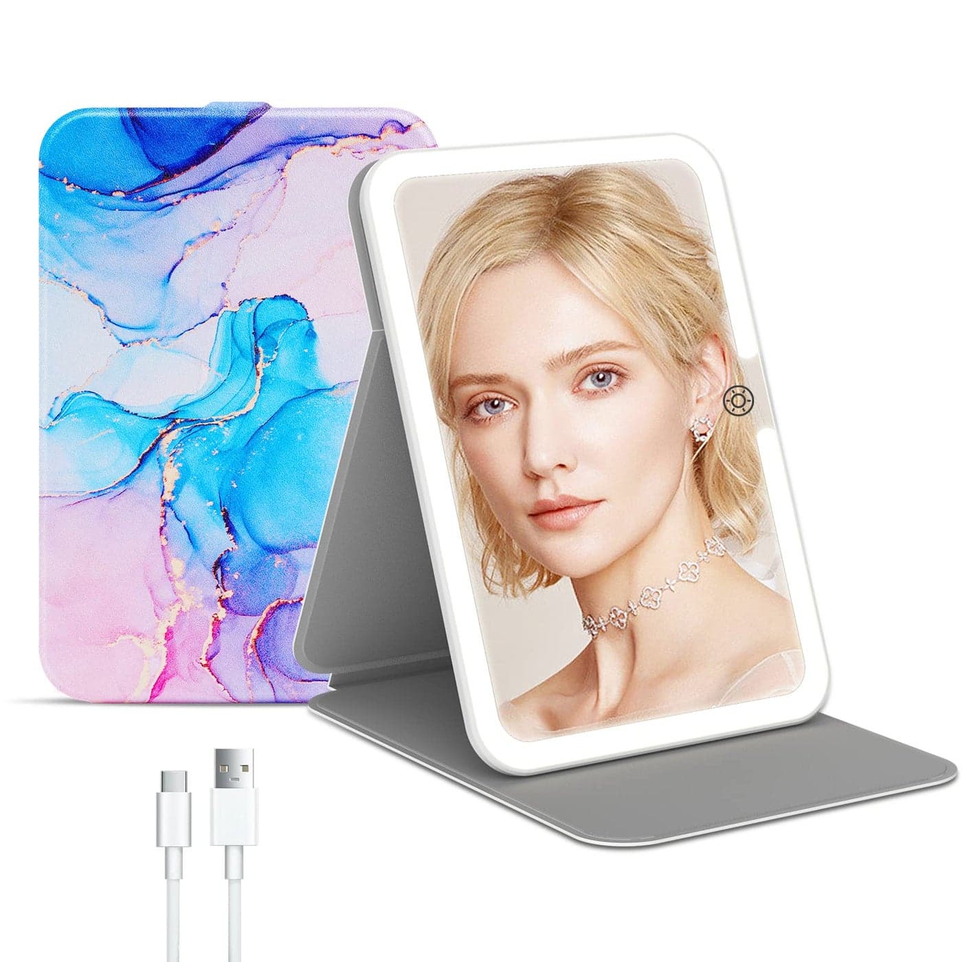 Rechargeable Travel Lighted Makeup Mirror with PU Leather Cover Portable Travel Makeup Mirror with Lights 3 Color LightingTouch Sensor Dimmable Light Up Tabletop Folding Cosmetic Mirror Colorful