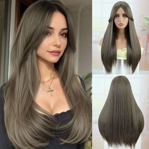 Creamily Straight Long Hair Wig for Woman,Synthetic Hair Big for Women Full Head,Chemo Patients,Natural Looking Full Head Wig for Daily/Wedding/Party (Mousy Brown, 23 Inch)