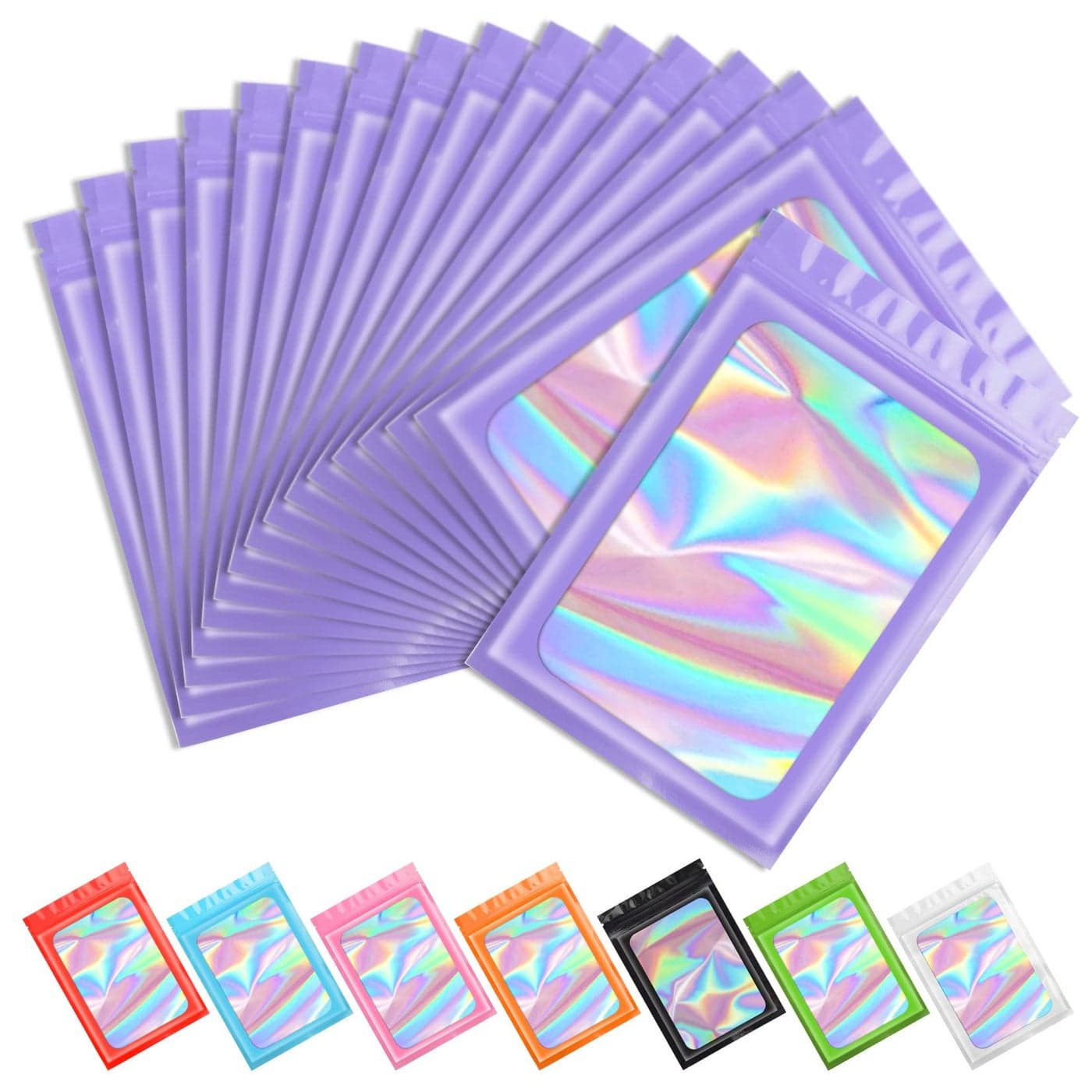 Funfery 100 pcs Purple Smell Proof Mylar Holographic Packaging Bags Clear Seal Resealable Odor Proof Foil Pouch Zipper Bag for Food Storage Lipgloss Jewelry Eyelash Packaging 3x47In