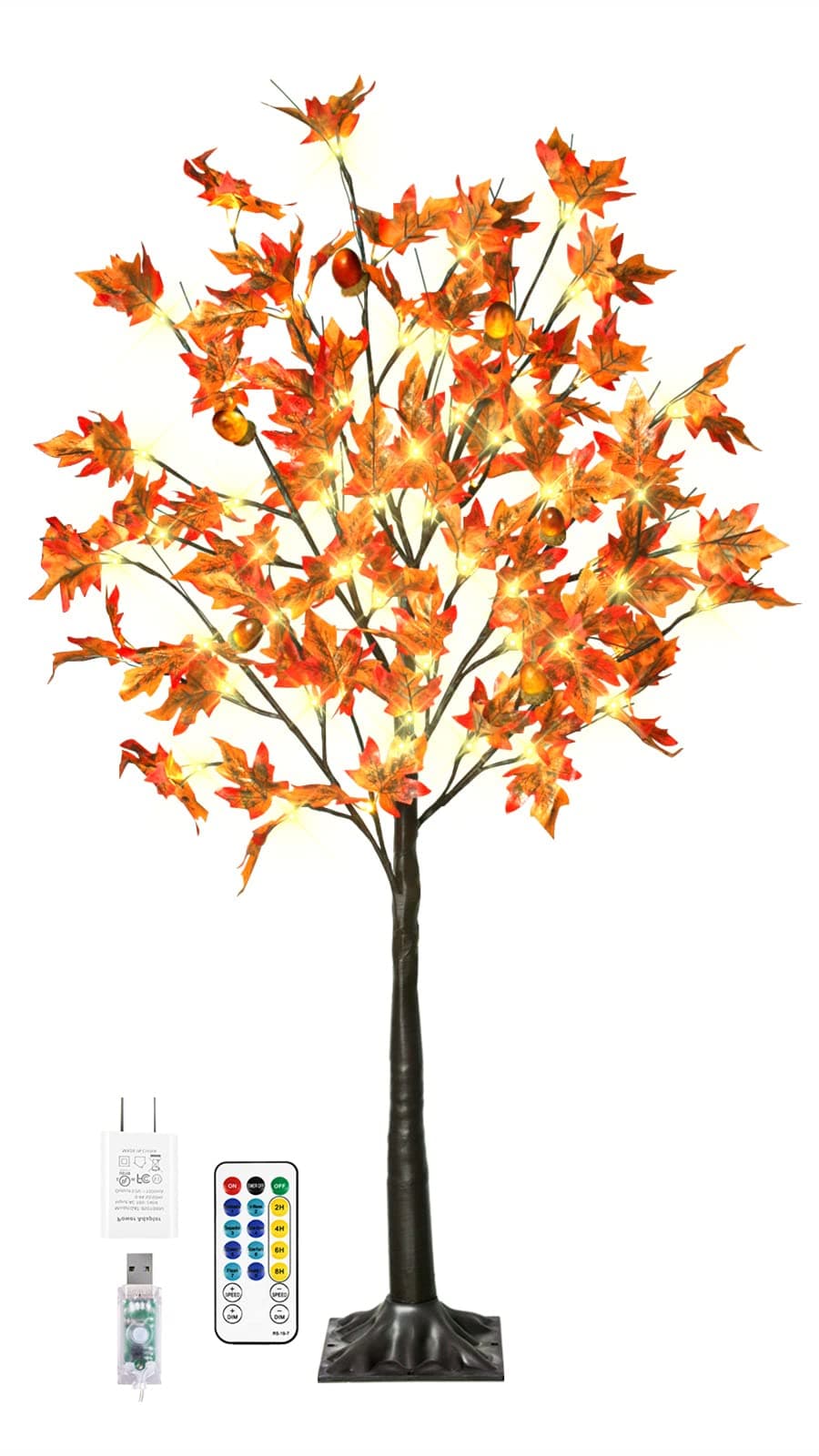 4FT 60LED Lighted Maple Tree Fall Thanksgiving Decor Artificial Tree with 6 Acorns 120 Leaves Remote 8 Flashing Modes Timing DC 5V Safe for for Indoor Outdoor Harvest Decoration