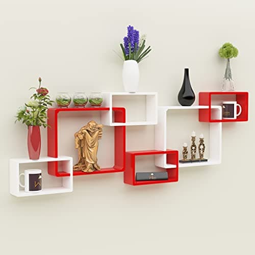 Onlineshoppee Intersecting MDF Set of 6 Wall Shelves (Red & White)