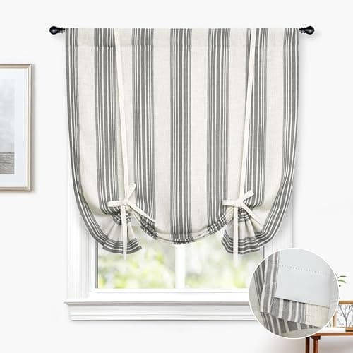 DriftAway Chris Double Layer Linen Blackout Tie Up Curtains Thermal Insulated Fully Lined Vertical Striped Balloon Roman Shade Bathroom Window Adjustable Rod Pocket 45 Inch by 63 Inch Gray