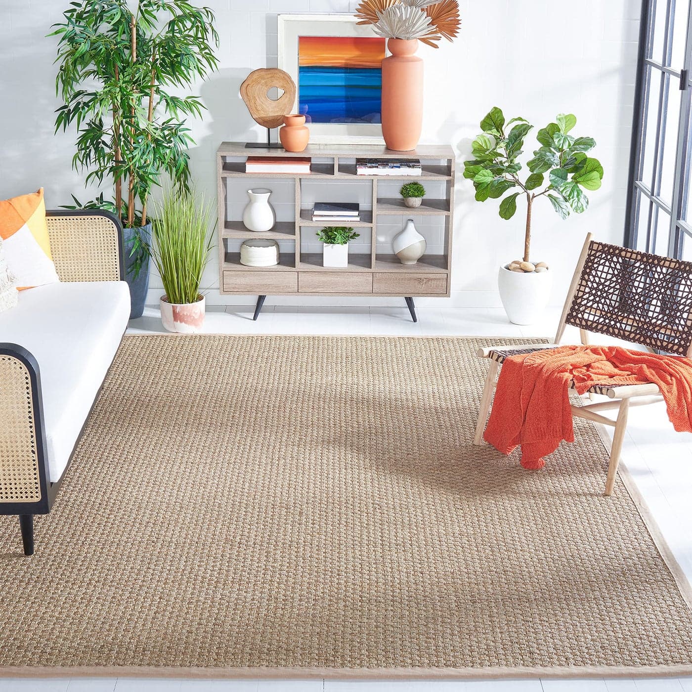 SAFAVIEH Natural Fiber Collection Area Rug 8 Square Natural Beige Border Basketweave Seagrass Design Easy Care Ideal for High Traffic Areas in Living Room Bedroom NF114A