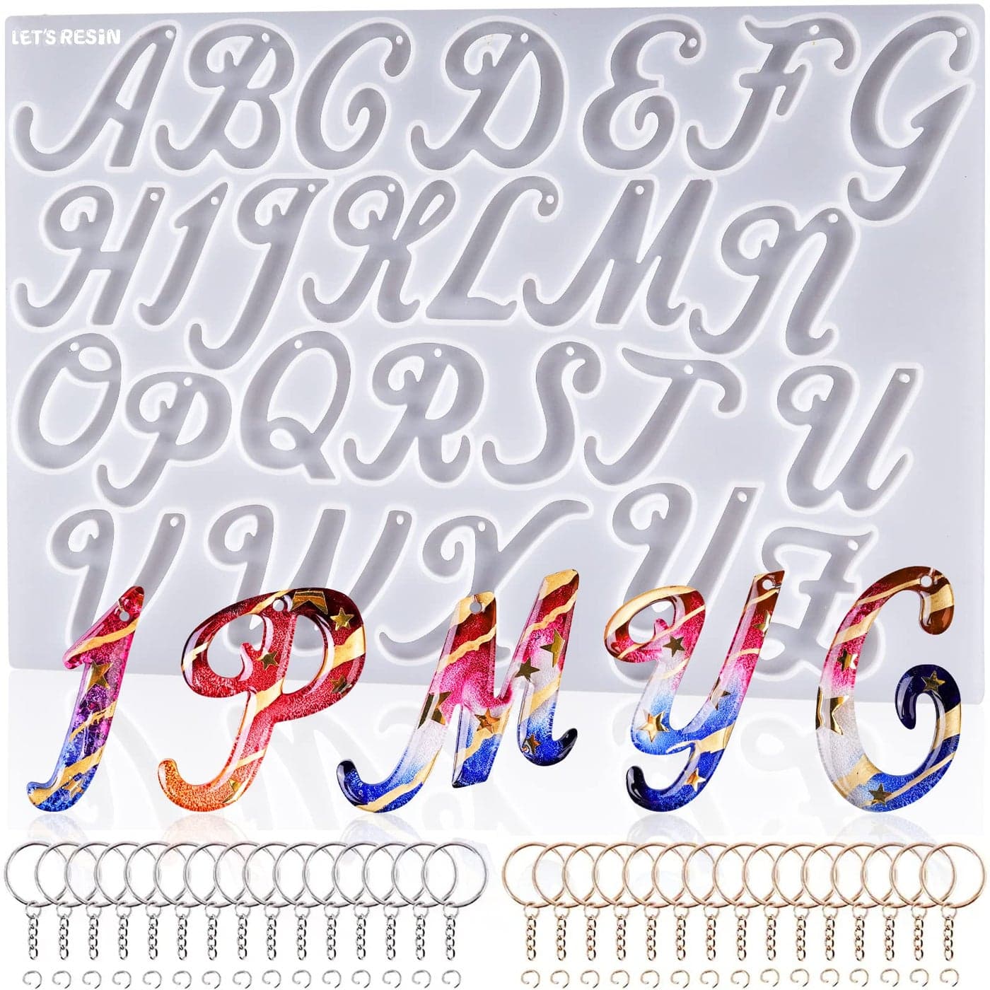 LETS RESIN Large Alphabet Mold with Hole Reversed Alphabet Letter Resin Molds Silicone with 30 Jump Rings 30 Key Rings Epoxy Molds for Keychain Making153X89
