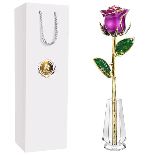 AliveRose Gold Roses, 24K Gold Rose Made from Real Rose - Unique Design 24K Dipped Rose for Anniversary Valentines Mothers Day Birthday Gifts (Purple Original Rose with Crystal Vase)