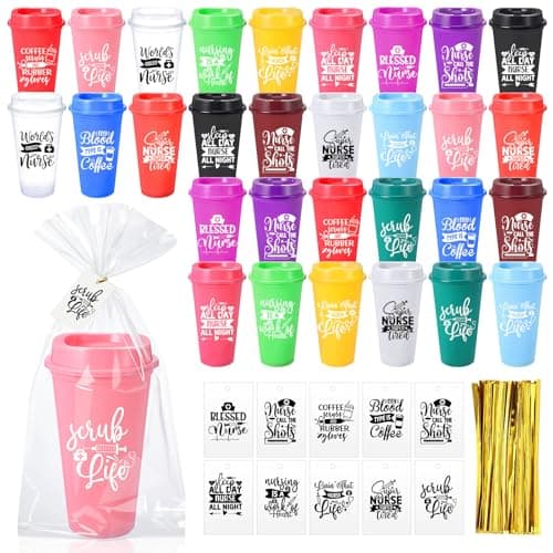 Jinei 30 Pack Nurse Appreciation Gifts 16 oz Plastic Tumblers Bulk Thank You Coffee Cups Reusable Water Bottle with Cards and Bags for Nurse Women Holiday Gifts(Artistic,Vibrant)